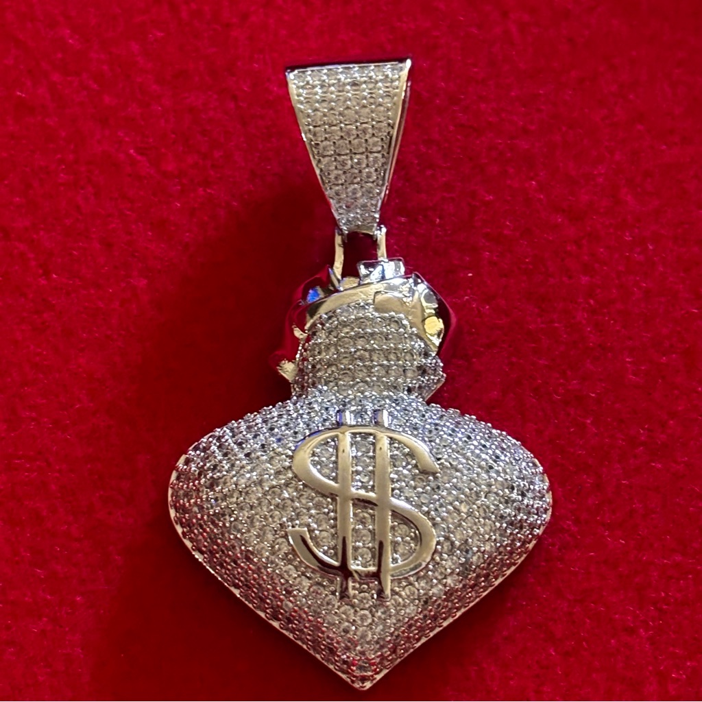 Sparkling Silver Money Bag Dollar Sign Heart Necklace